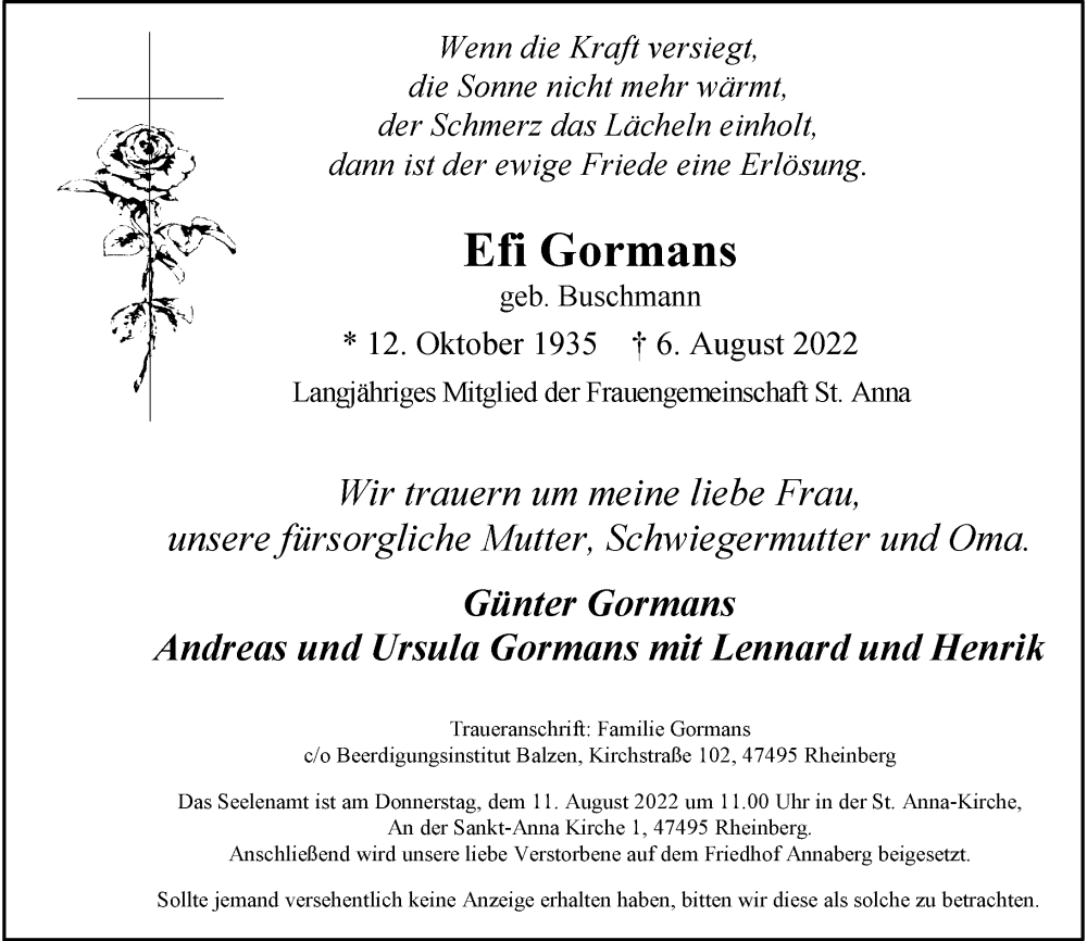  Traueranzeige für Efi Gormans vom 09.08.2022 aus Rheinische Post