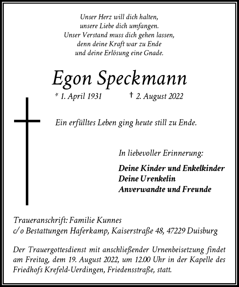  Traueranzeige für Egon Speckmann vom 13.08.2022 aus Rheinische Post