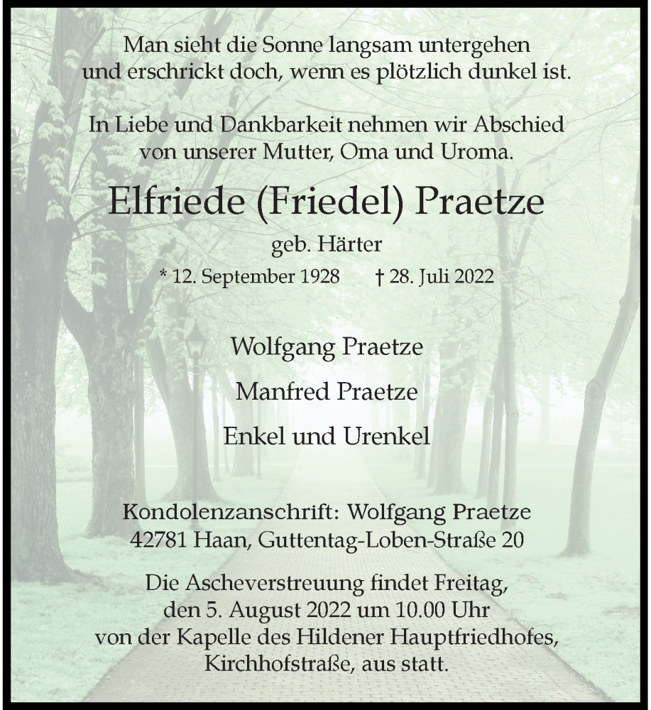  Traueranzeige für Elfriede Praetze vom 03.08.2022 aus Rheinische Post