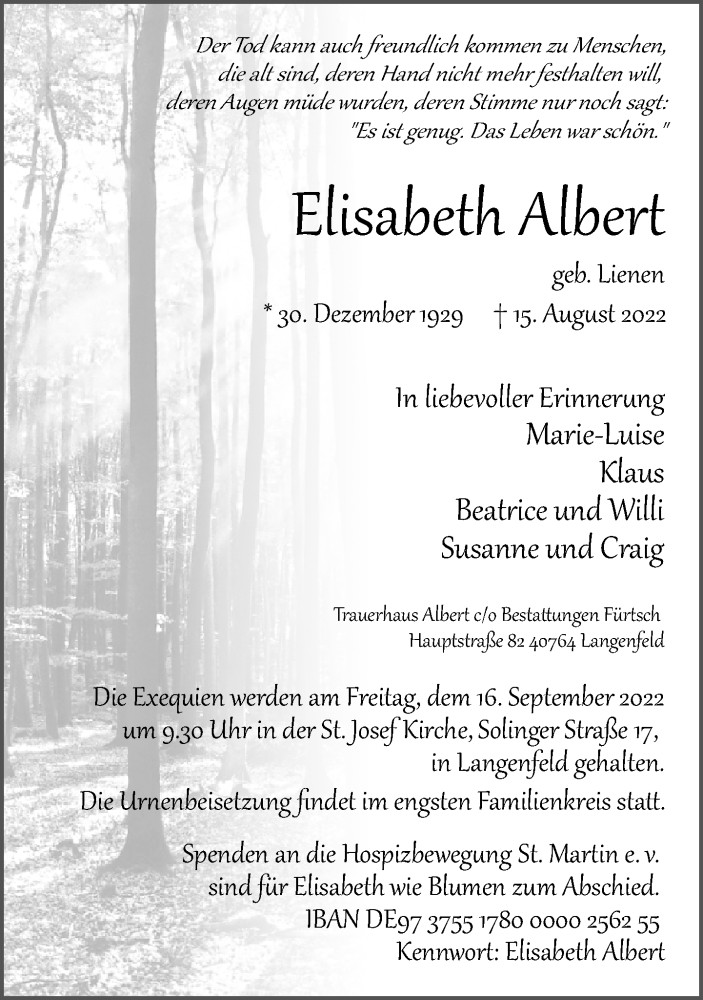  Traueranzeige für Elisabeth Albert vom 10.09.2022 aus Rheinische Post