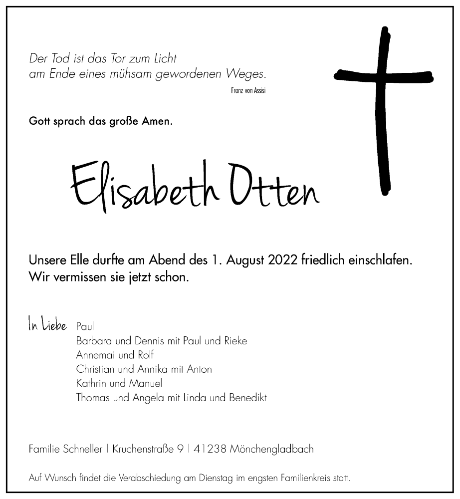  Traueranzeige für Elisabeth Otten vom 06.08.2022 aus Rheinische Post
