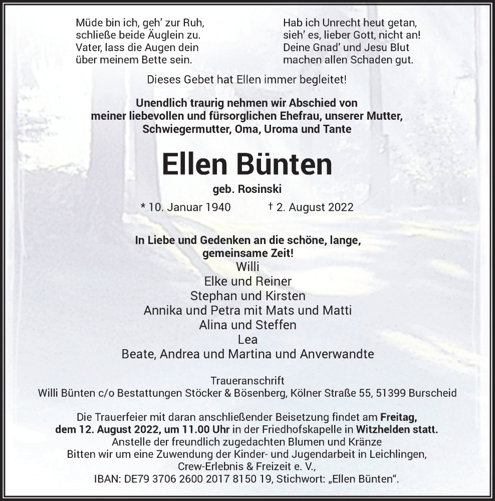  Traueranzeige für Ellen Bünten vom 06.08.2022 aus Rheinische Post