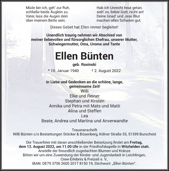 Traueranzeige von Ellen Bünten von Rheinische Post