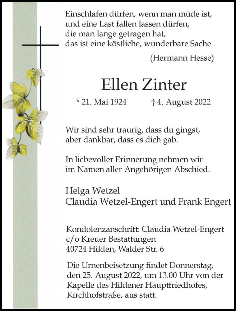  Traueranzeige für Ellen Zinter vom 13.08.2022 aus Rheinische Post