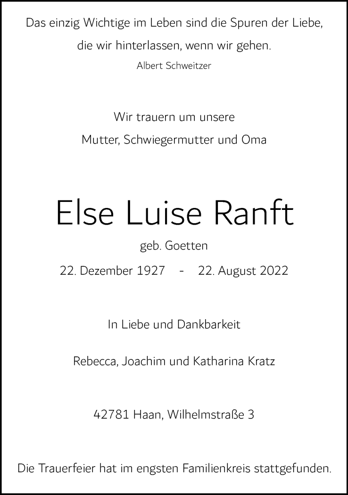  Traueranzeige für Else Luise Ranft vom 03.09.2022 aus Rheinische Post