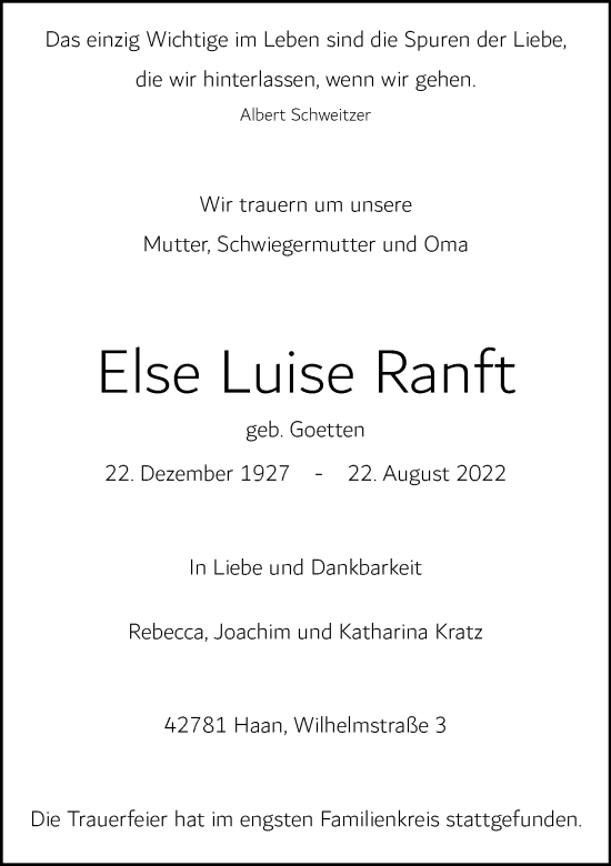 Traueranzeige von Else Luise Ranft von Rheinische Post