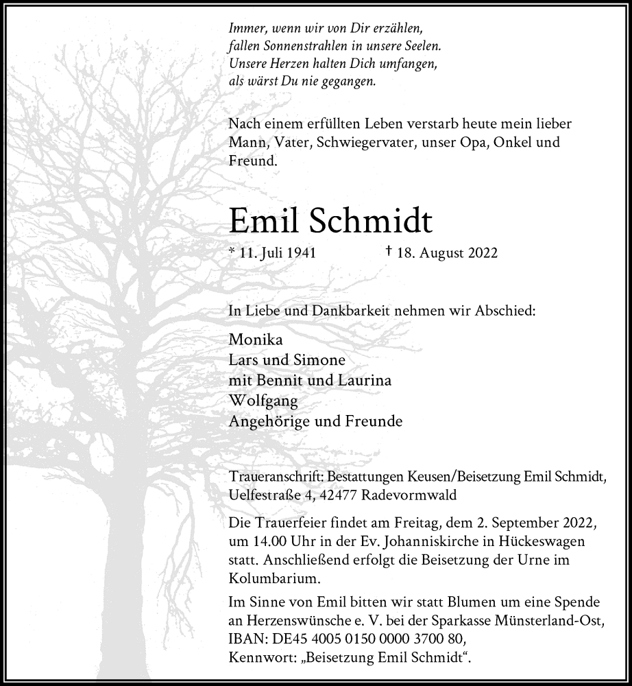  Traueranzeige für Emil Schmidt vom 27.08.2022 aus Rheinische Post