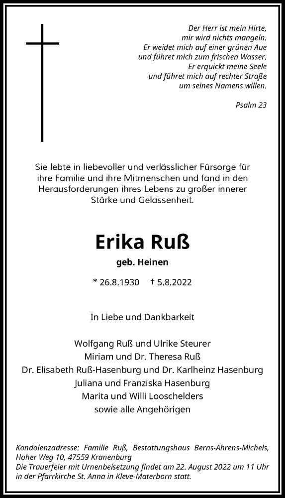  Traueranzeige für Erika Ruß vom 18.08.2022 aus Rheinische Post