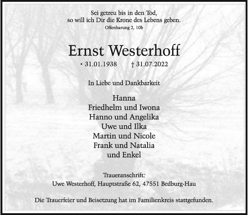  Traueranzeige für Ernst Westerhoff vom 13.08.2022 aus Rheinische Post