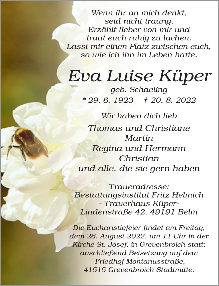  Traueranzeige für Eva Luise Küper vom 24.08.2022 aus Rheinische Post