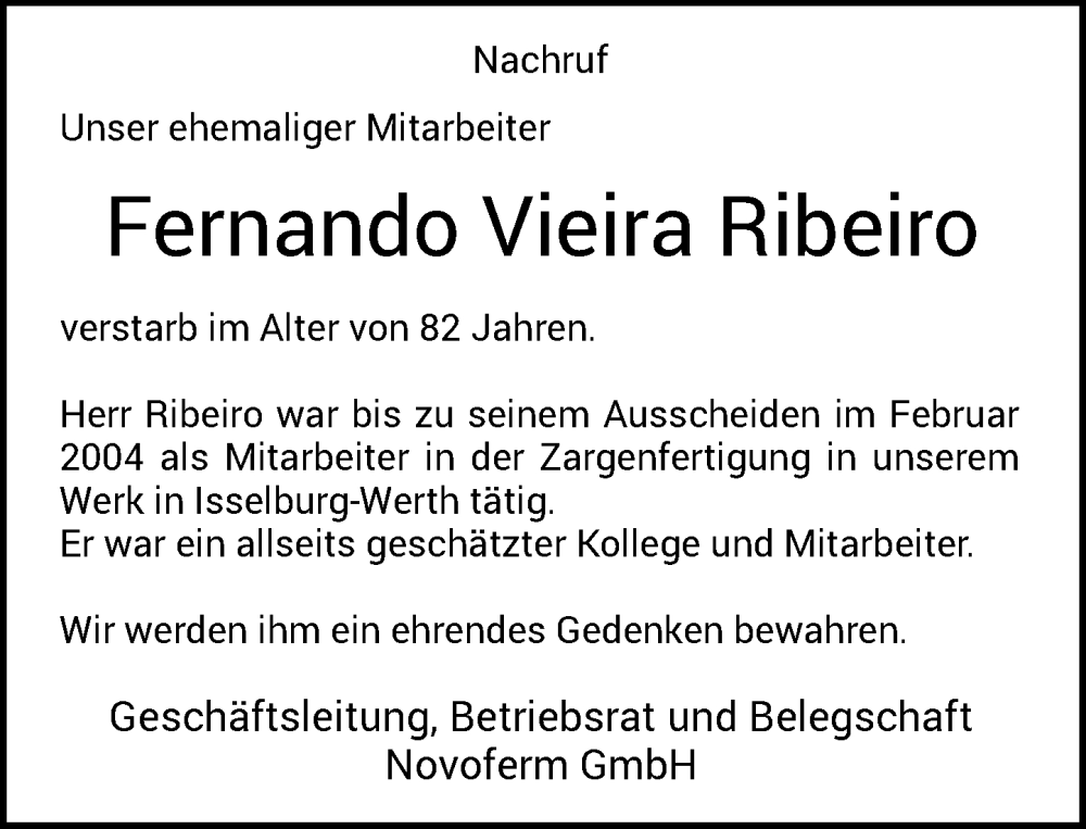  Traueranzeige für Fernando Vieira Ribeiro vom 10.08.2022 aus Rheinische Post