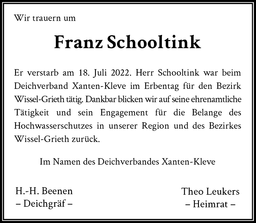  Traueranzeige für Franz Schooltink vom 06.08.2022 aus Rheinische Post