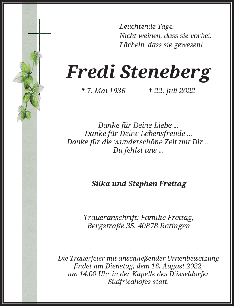  Traueranzeige für Fredi Steneberg vom 13.08.2022 aus Rheinische Post