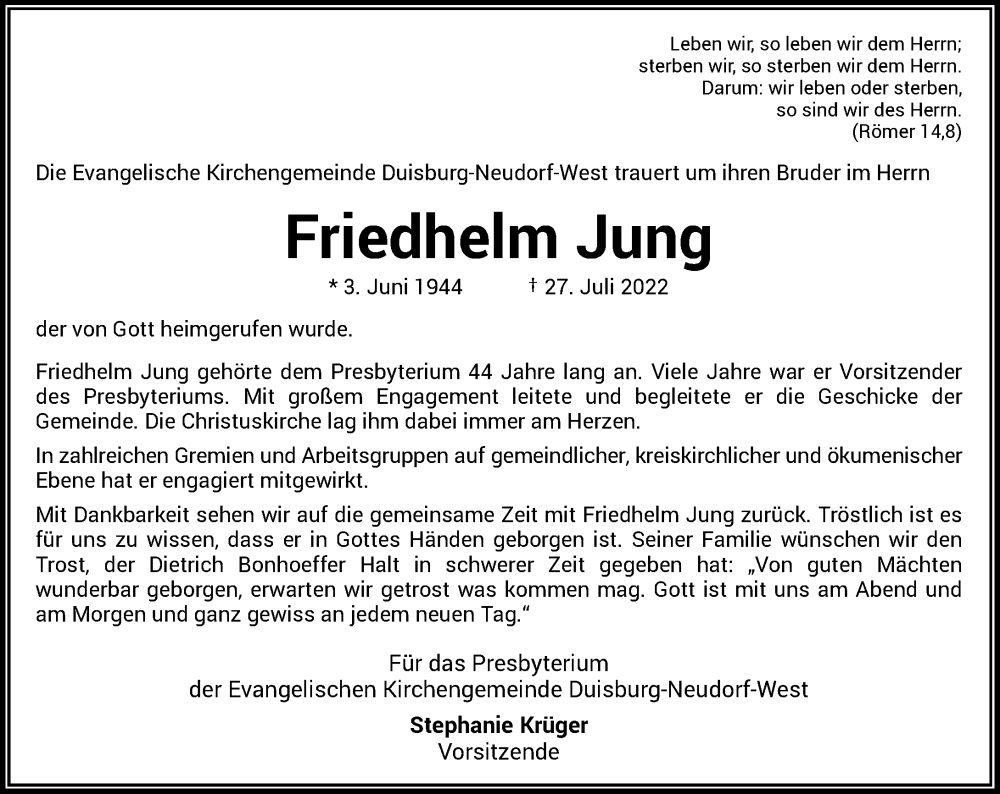 Traueranzeige für Friedhelm Jung vom 06.08.2022 aus Rheinische Post