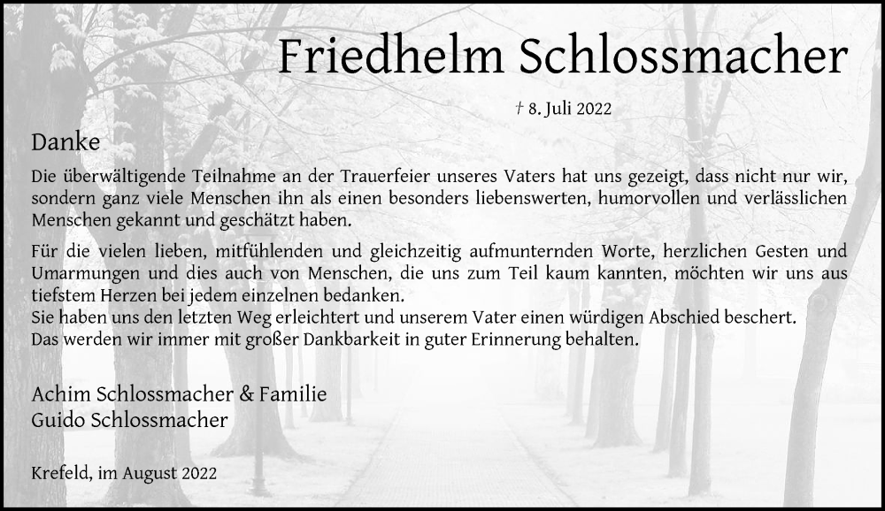  Traueranzeige für Friedhelm Schlossmacher vom 20.08.2022 aus Rheinische Post