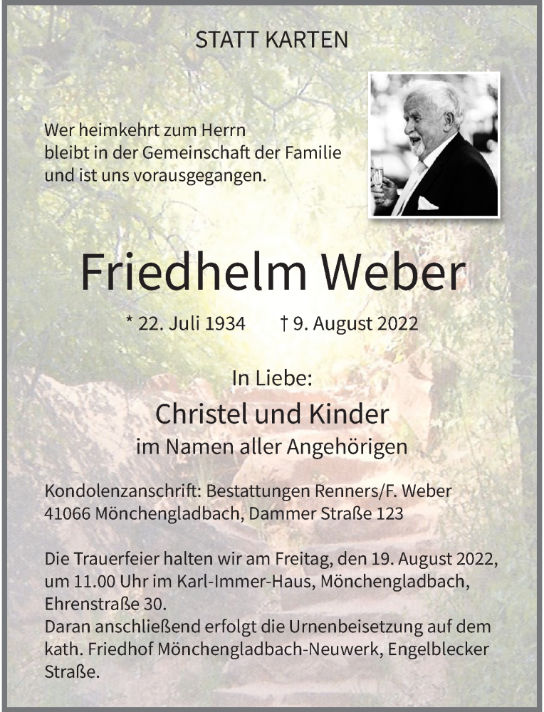  Traueranzeige für Friedhelm Weber vom 13.08.2022 aus Rheinische Post