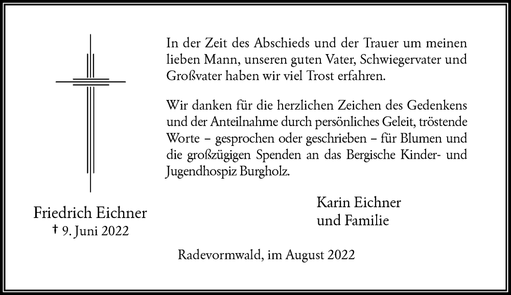  Traueranzeige für Friedrich Eichner vom 06.08.2022 aus Rheinische Post