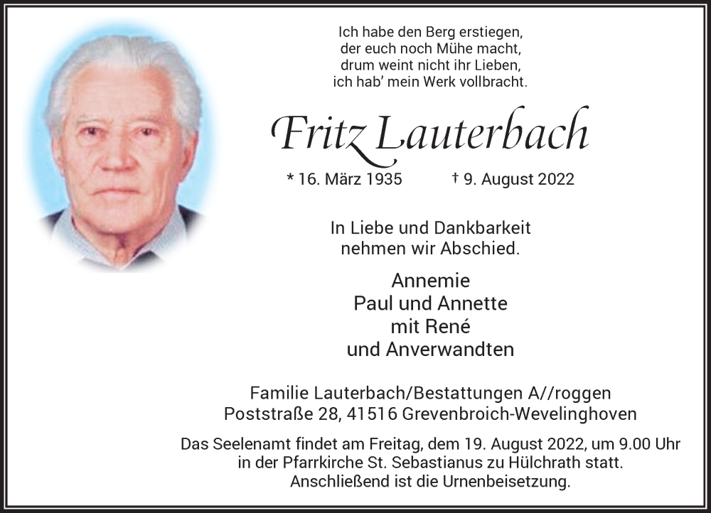  Traueranzeige für Fritz Lauterbach vom 17.08.2022 aus Rheinische Post