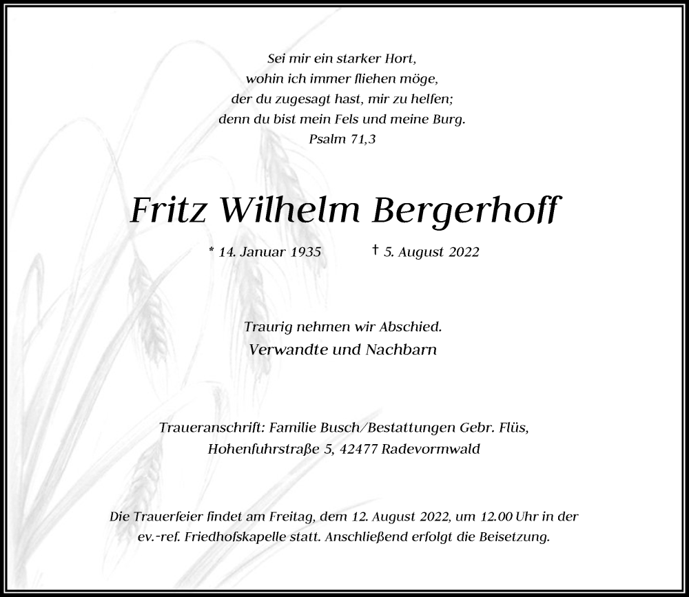  Traueranzeige für Fritz Wilhelm Bergerhoff vom 09.08.2022 aus Rheinische Post