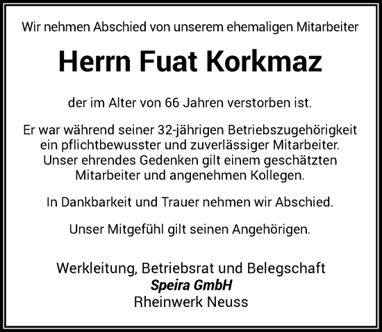 Traueranzeige von Fuat Korkmaz von Rheinische Post