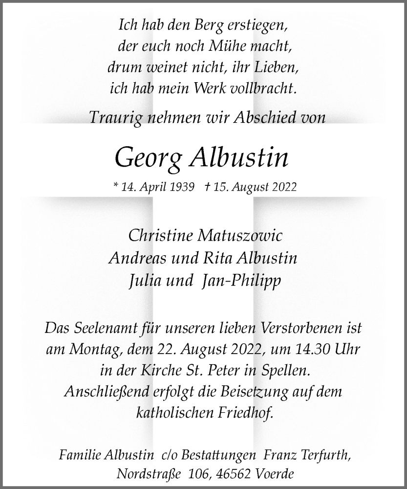  Traueranzeige für Georg Albustin vom 18.08.2022 aus Rheinische Post