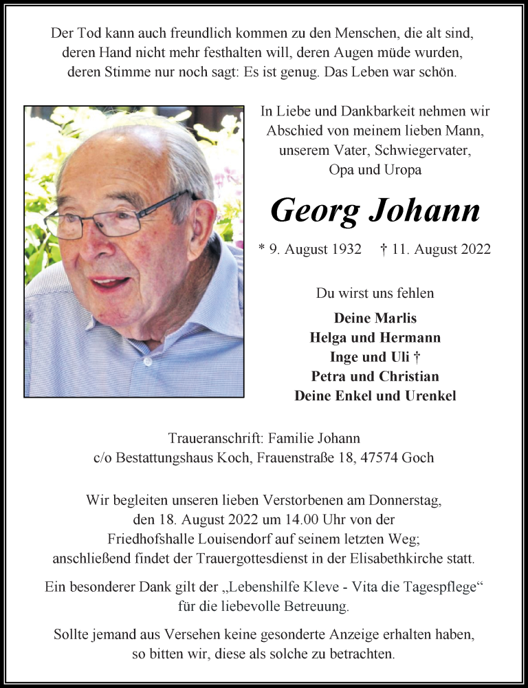  Traueranzeige für Georg Johann vom 16.08.2022 aus Rheinische Post