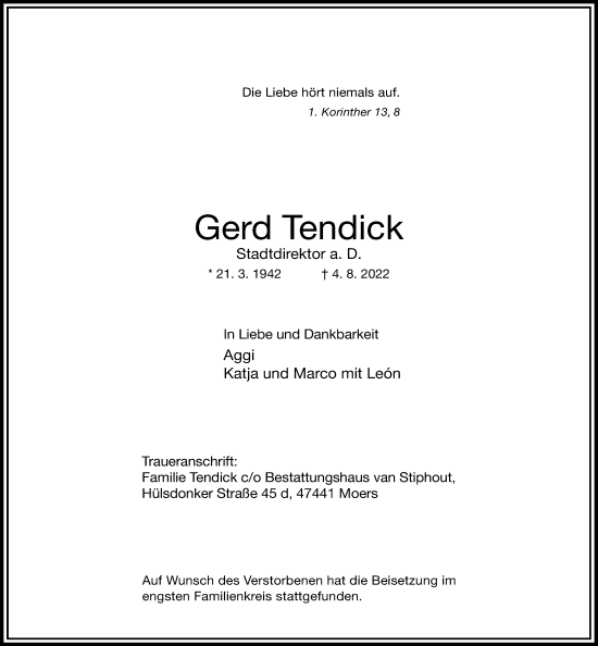 Traueranzeige von Gerd Tendick von Rheinische Post