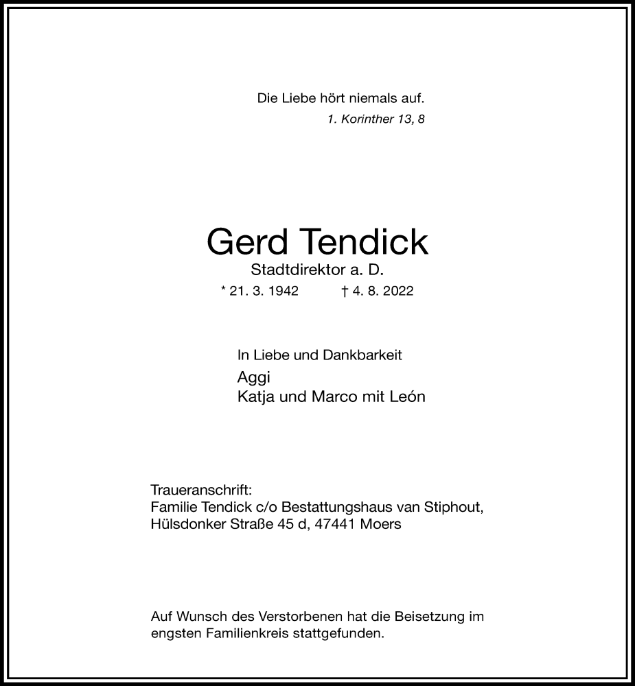  Traueranzeige für Gerd Tendick vom 13.08.2022 aus Rheinische Post