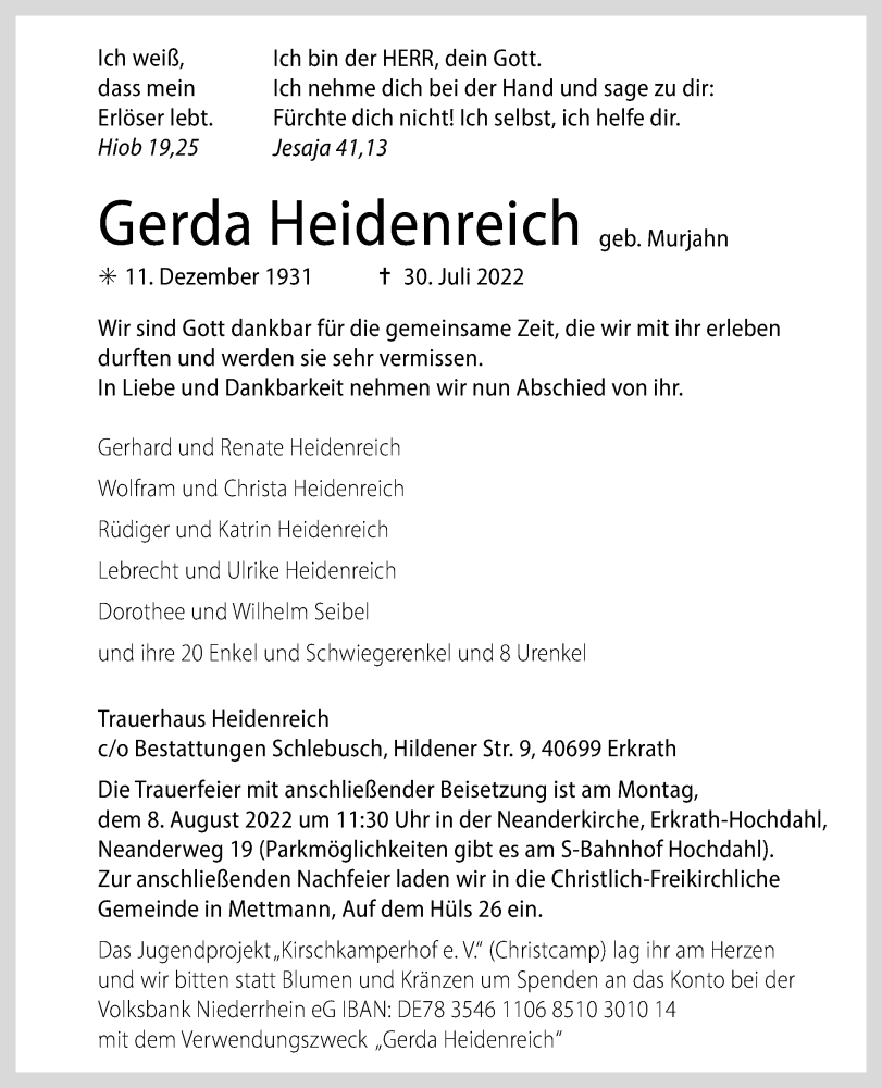 Traueranzeige für Gerda Heidenreich vom 03.08.2022 aus Rheinische Post