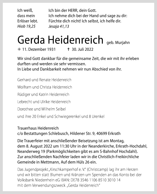 Traueranzeige von Gerda Heidenreich von Rheinische Post