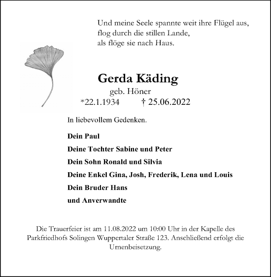 Traueranzeige von Gerda Käding von Rheinische Post