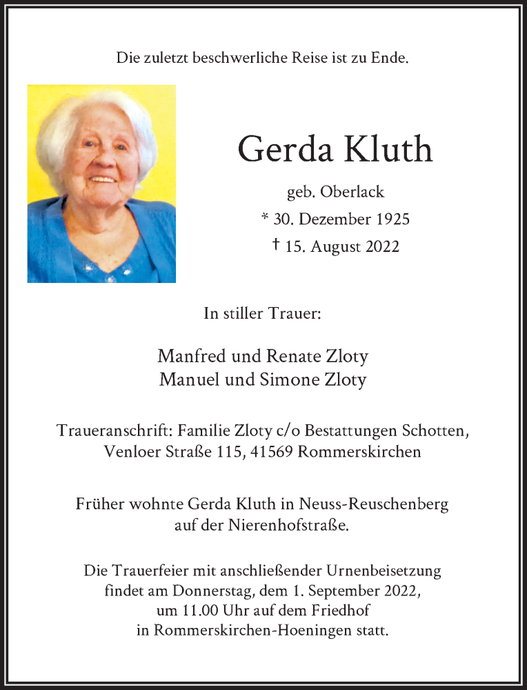  Traueranzeige für Gerda Kluth vom 27.08.2022 aus Rheinische Post