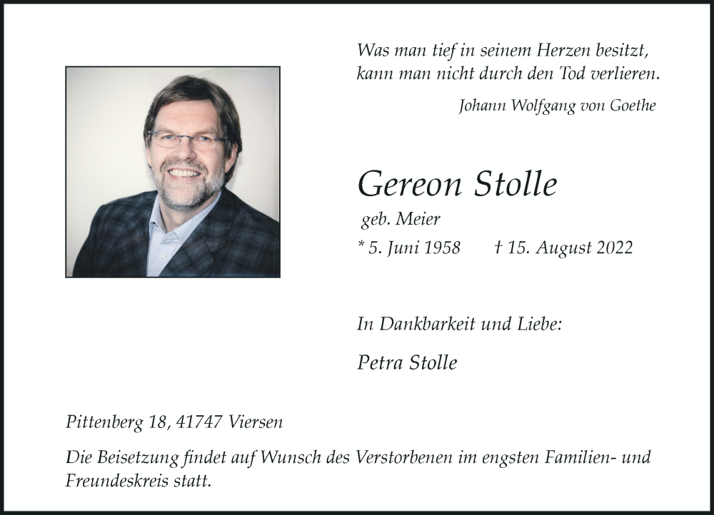  Traueranzeige für Gereon Stolle vom 27.08.2022 aus Rheinische Post