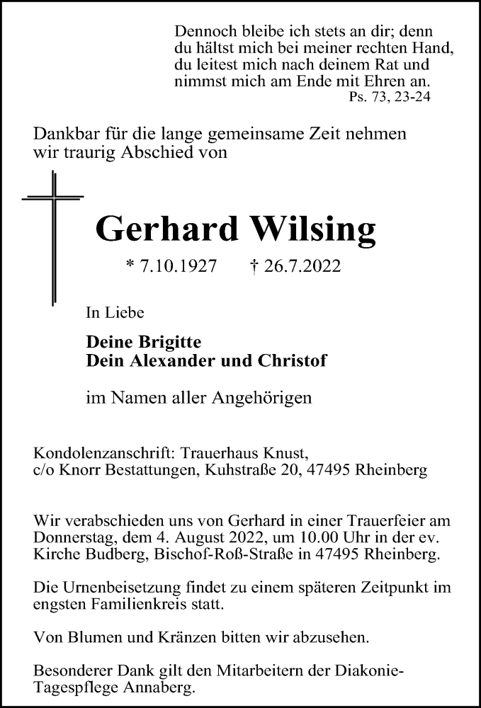  Traueranzeige für Gerhard Wilsing vom 02.08.2022 aus Rheinische Post