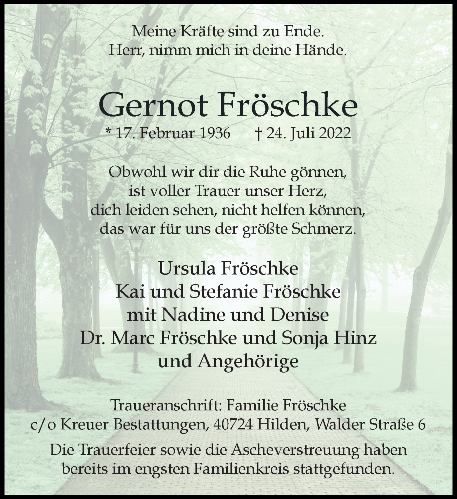  Traueranzeige für Gernot Fröschke vom 13.08.2022 aus Rheinische Post