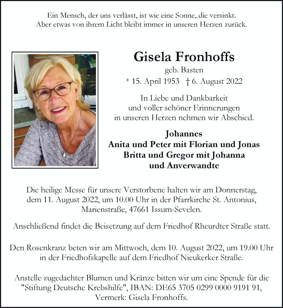  Traueranzeige für Gisela Fronhoffs vom 09.08.2022 aus Rheinische Post