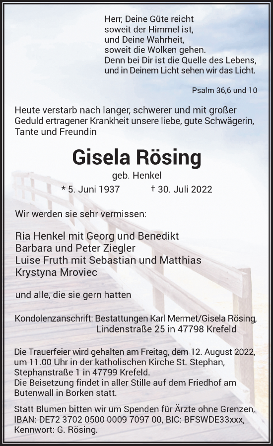 Traueranzeige von Gisela Rösing von Rheinische Post