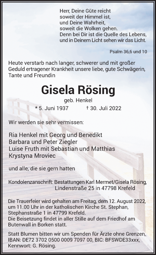  Traueranzeige für Gisela Rösing vom 06.08.2022 aus Rheinische Post
