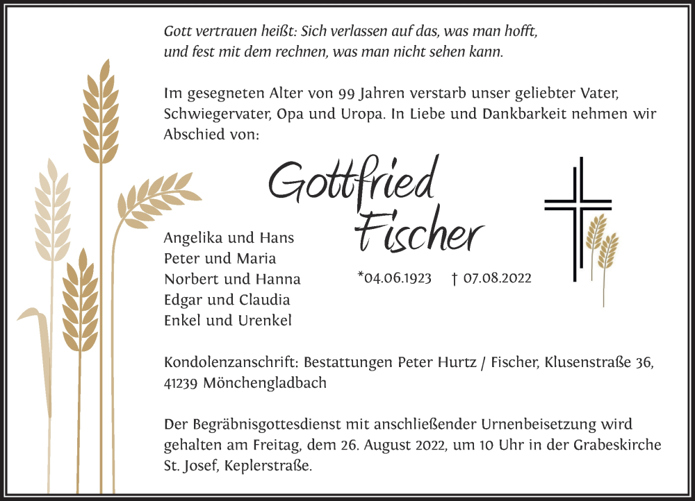  Traueranzeige für Gottfried Fischer vom 13.08.2022 aus Rheinische Post