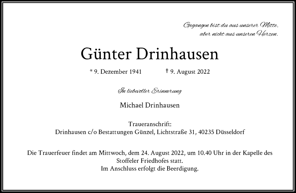  Traueranzeige für Günter Drinhausen vom 20.08.2022 aus Rheinische Post