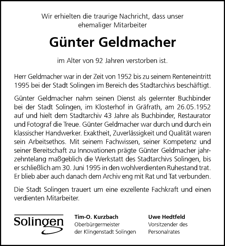  Traueranzeige für Günter Geldmacher vom 06.08.2022 aus Rheinische Post