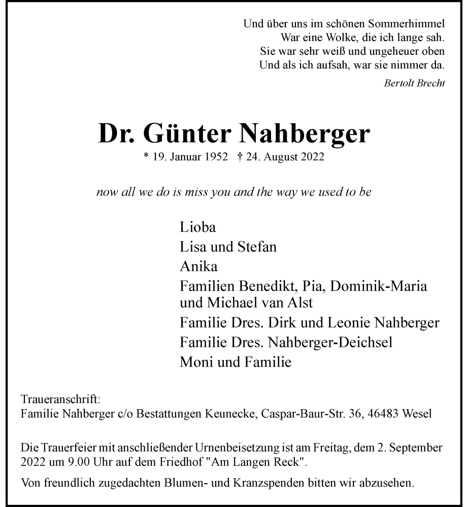  Traueranzeige für Günter Nahberger vom 30.08.2022 aus Rheinische Post