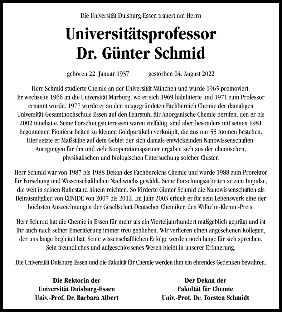  Traueranzeige für Günter Schmid vom 27.08.2022 aus Rheinische Post