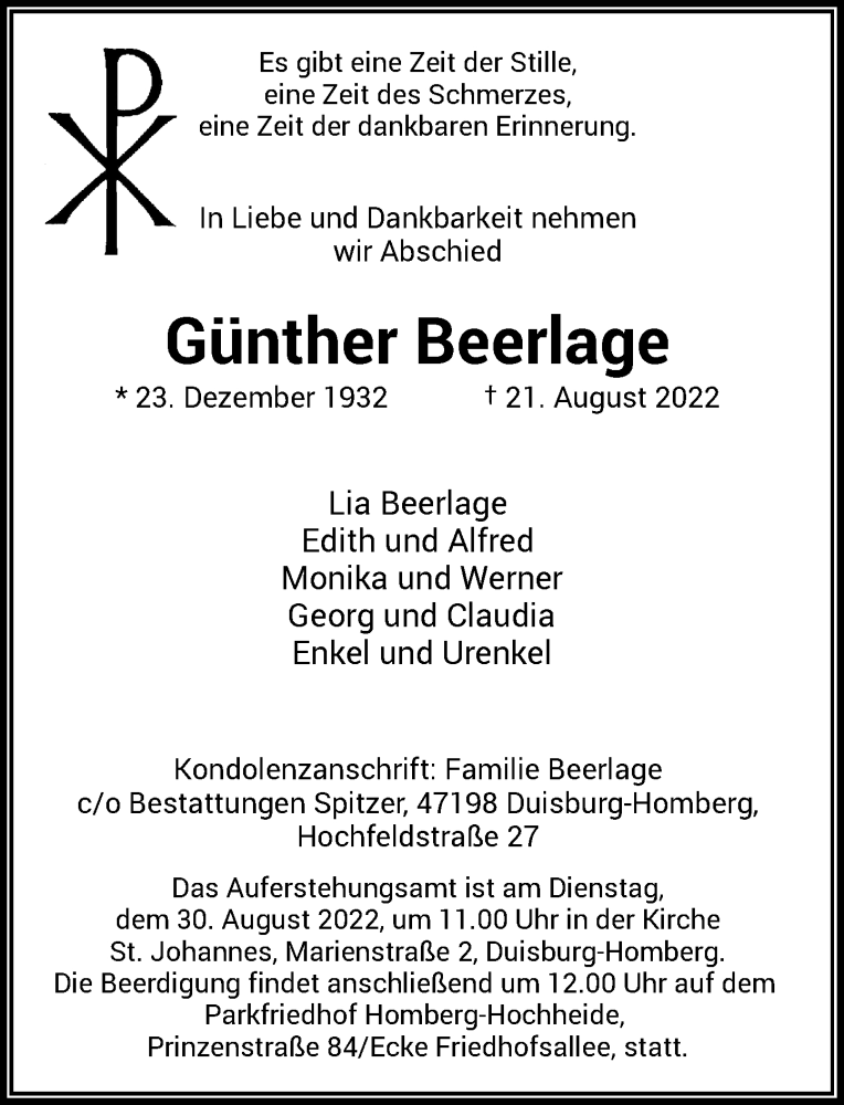  Traueranzeige für Günther Beerlage vom 27.08.2022 aus Rheinische Post