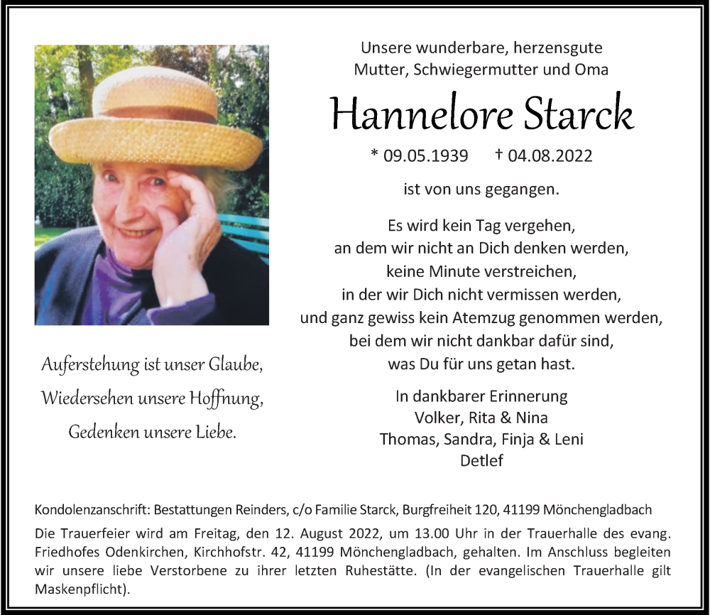  Traueranzeige für Hannelore Starck vom 09.08.2022 aus Rheinische Post