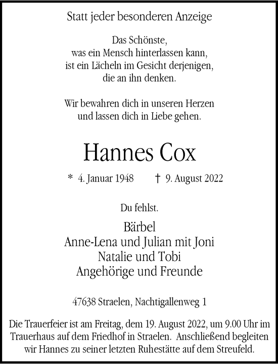 Traueranzeige von Hannes Cox von Rheinische Post