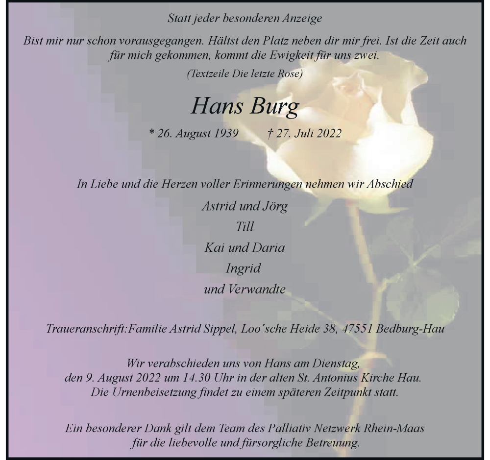 Traueranzeige für Hans Burg vom 06.08.2022 aus Rheinische Post