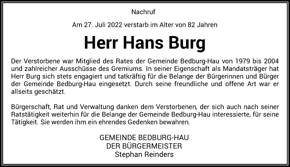 Traueranzeige für Hans Burg vom 10.08.2022 aus Rheinische Post