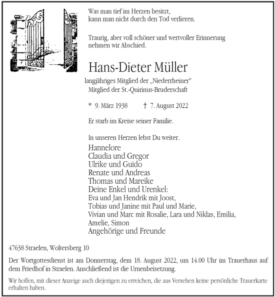 Traueranzeige von Hans-Dieter Müller von Rheinische Post