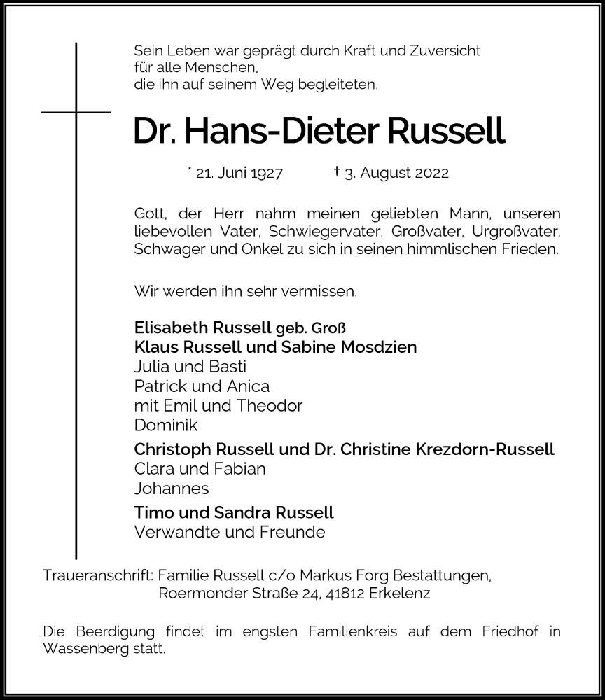  Traueranzeige für Hans-Dieter Russell vom 06.08.2022 aus Rheinische Post